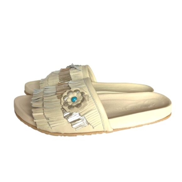 Manitobah Wasaga Fringe Slide US 10 Metallic Cream Turquoise Flower New - Picture 2 of 11